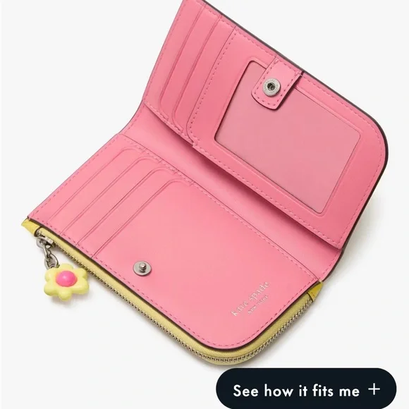 NWT Kate Spade Devin Small Slim Bifold Yellow Wallet with Flower Charm - Picture 4 of 8